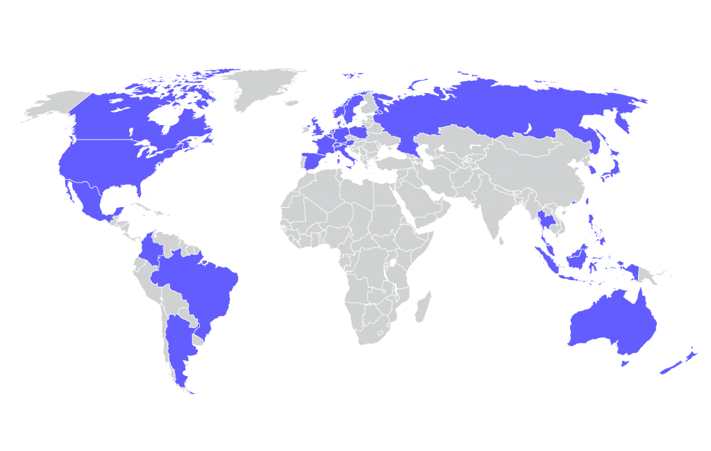 large map of the world with areas colored in purple to highlight where Dragon Plus publisher has expanded its apps to