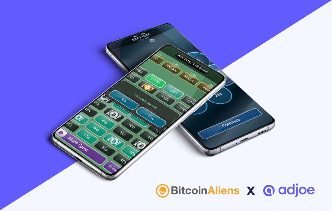 two phone screens showing bitcoin aliens logo