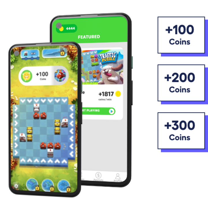 phone screens showing publisher app Huuuge Games and Playtime offerwall