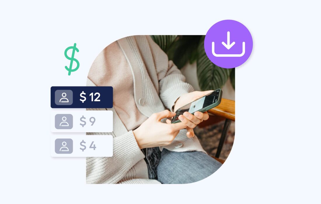 lady holding a smartphone with 2 hands with dollar sign icons