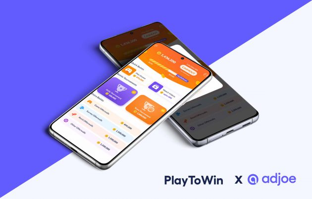 two phone screens on top of each other showing playtowin app