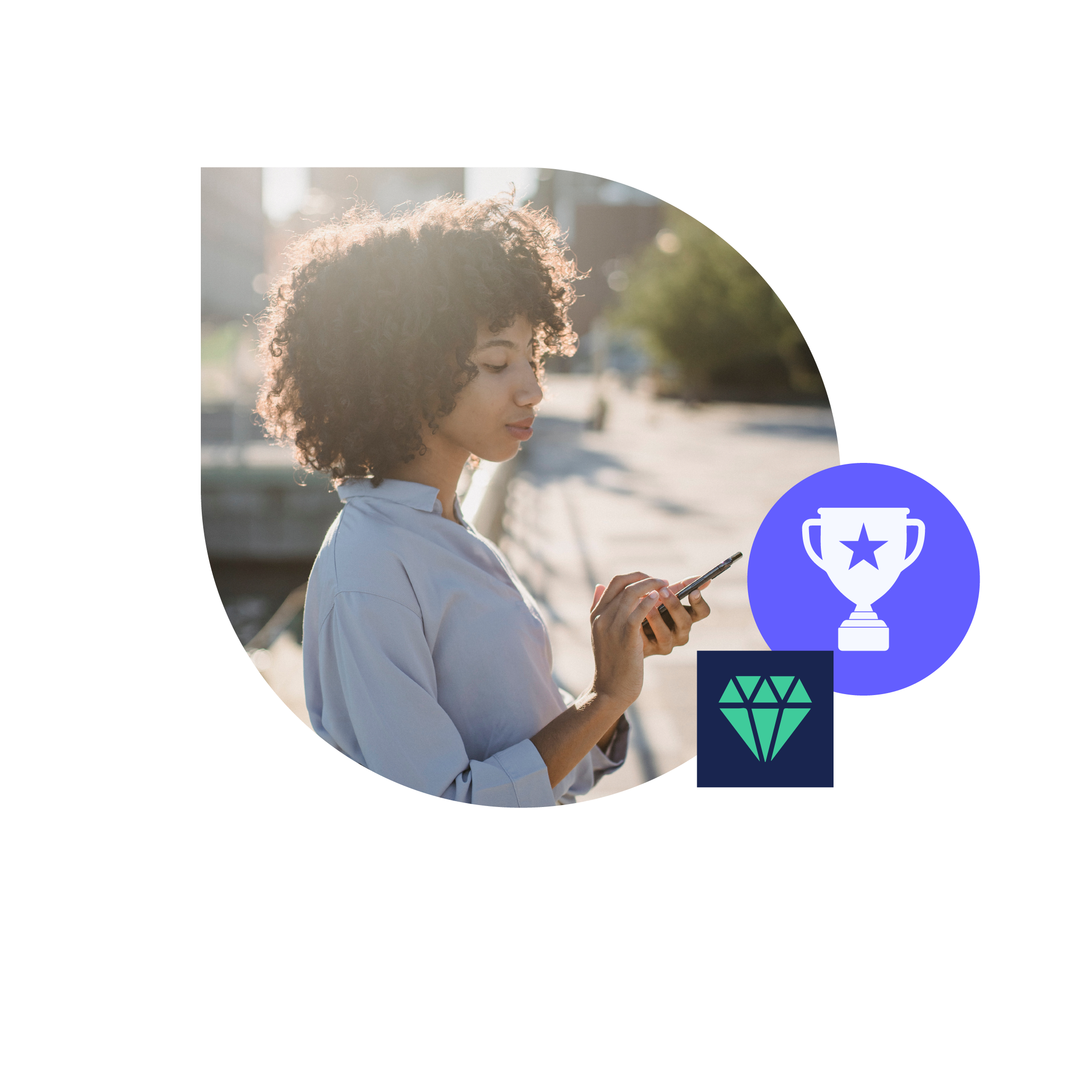 a young woman on her phone outdoors with a trophy symbol for rewarded formats