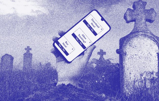 scary image of zombie holding phone from grave