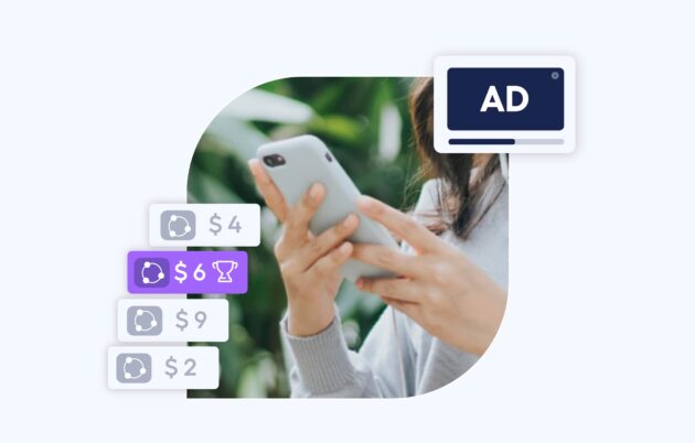 a women holding up a phone and icons representing a waterfall bidding structure
