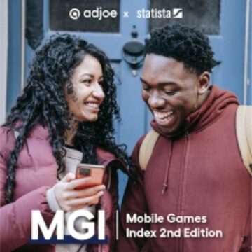 image of adjoe report showing young couple smiling – one looking down at a phone. decorative text reads: Mobile Games Index 2nd Edition