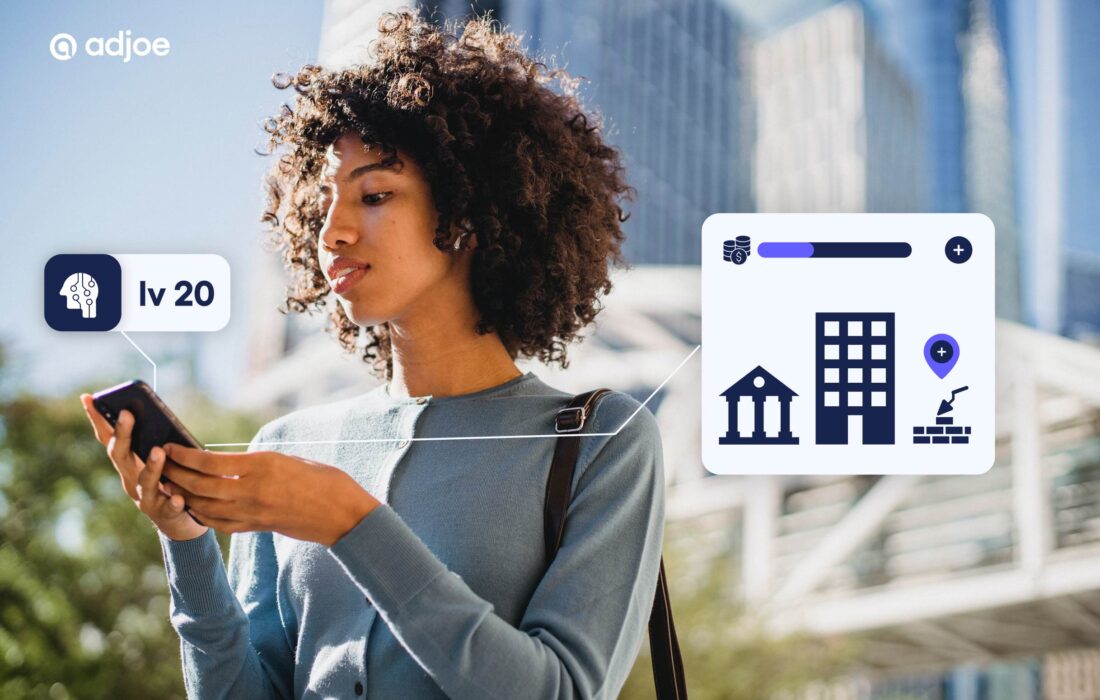 woman outdoors holding her phone and looking down at it with decorative simulation game elements