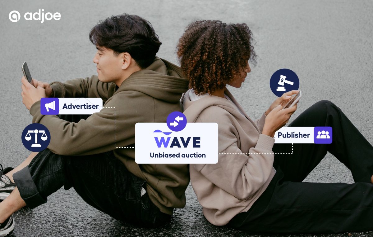 two young people sat down holding phones with WAVE Exchange logo and publisher and advertiser icons