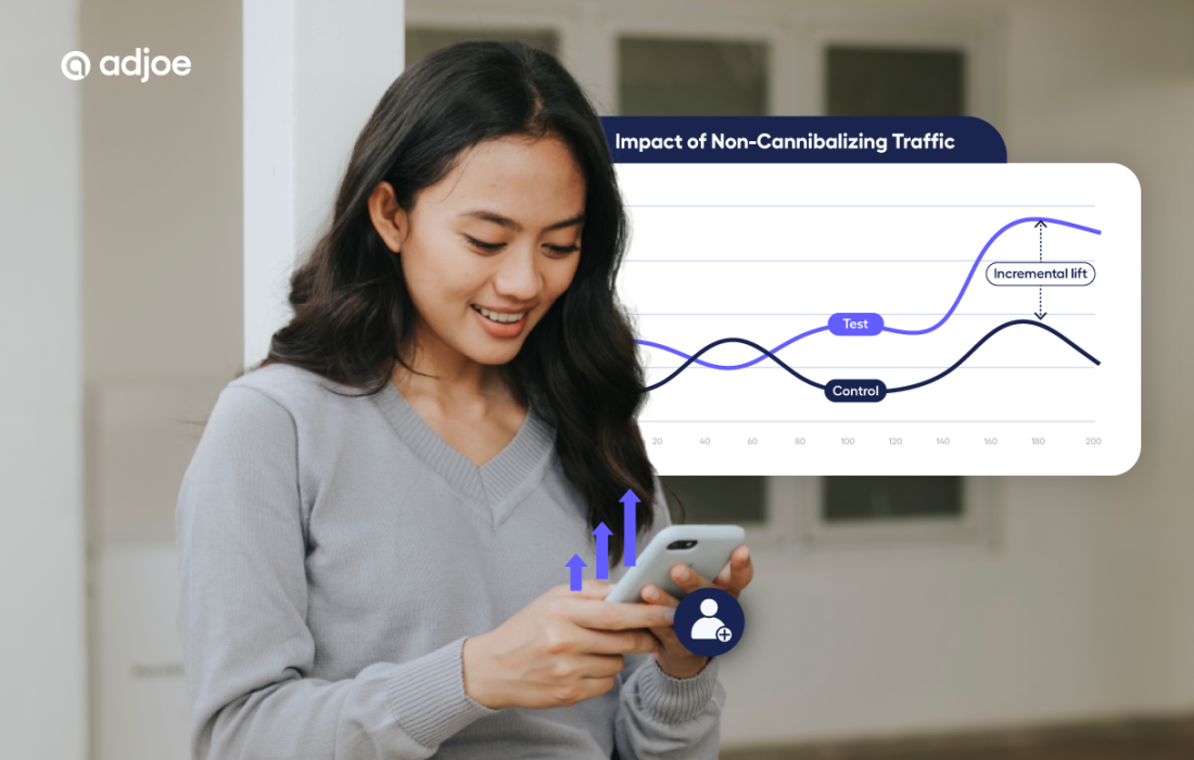young woman looking down and smiling at phone with incremental traffic graph in the background