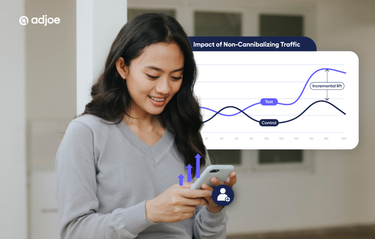 young woman looking down and smiling at phone with incremental traffic graph in the background