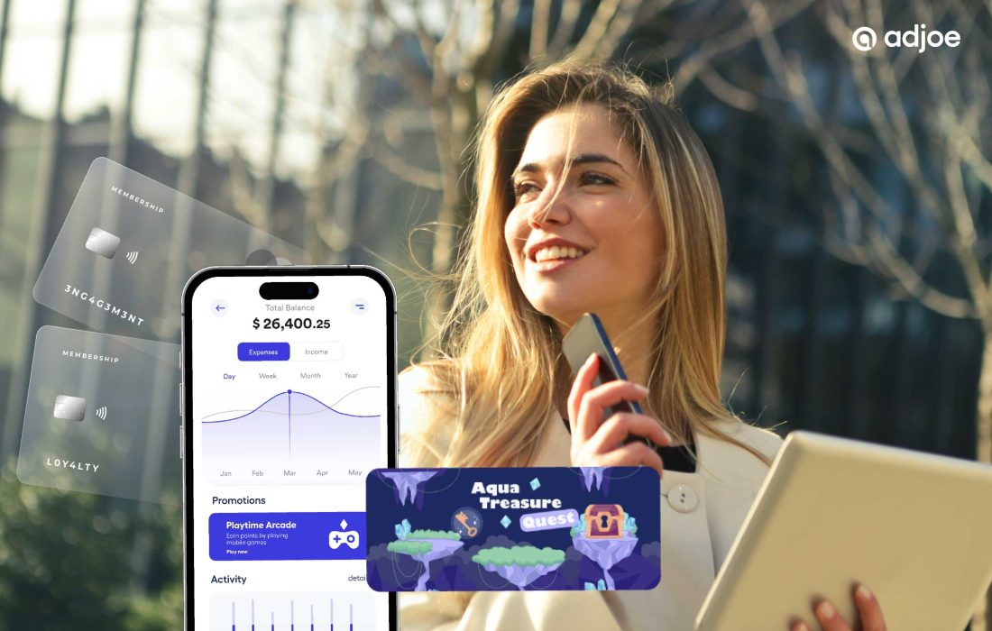 young blond woman smiling into distance with mockup of fintech app superimposed