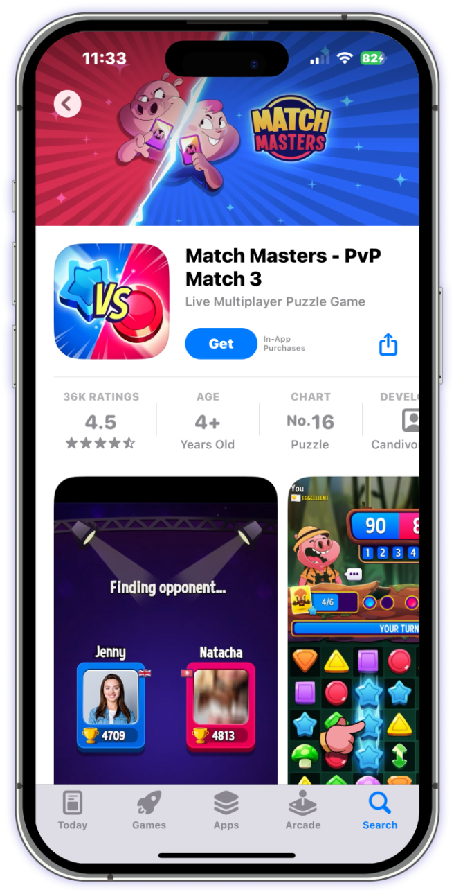 Phone showing Arcade UI with matchmasters as the offer