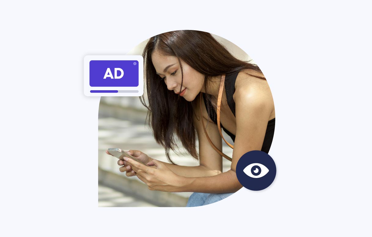 A lady holding smartphone with two hands and ad impression icons
