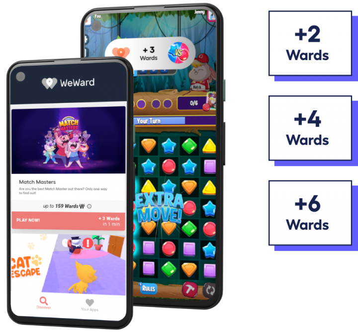 two phone screens of publisher WeWard app and advertiser app which gives users points when they play