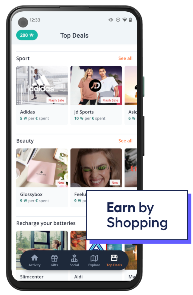 phone screen showing app user gaining rewards by shopping in an app