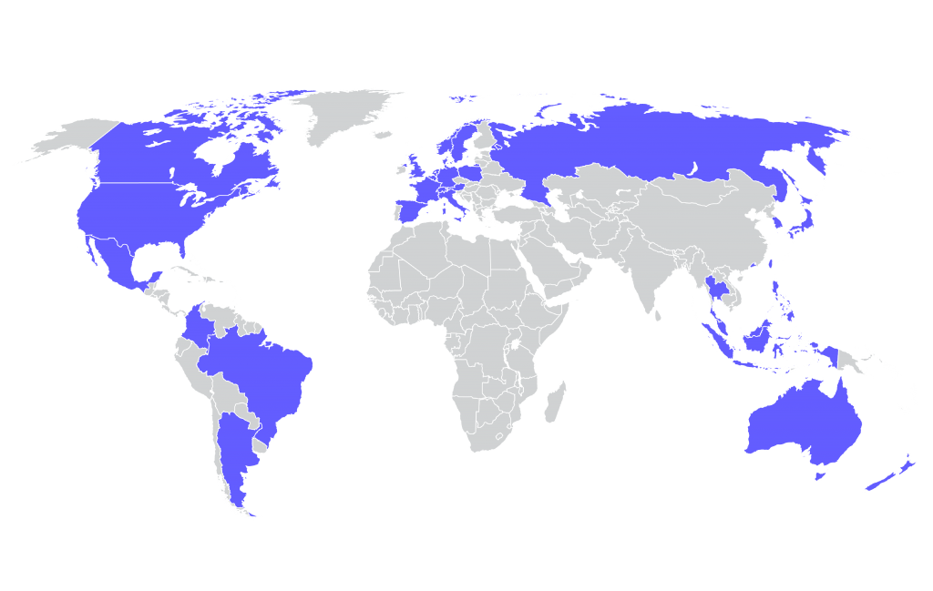 large map of the world with areas colored in purple to highlight where Dragon Plus publisher has expanded its apps to