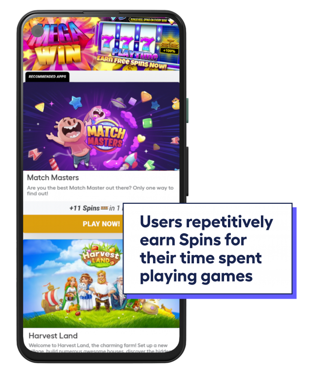 phone screen showing Playtime offerwall and users earning spins for time spent in Playtime