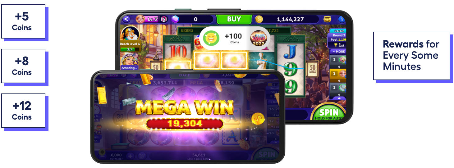 two phone screens overlapping showing Club Vegas app from bagelcode and how users earn rewards
