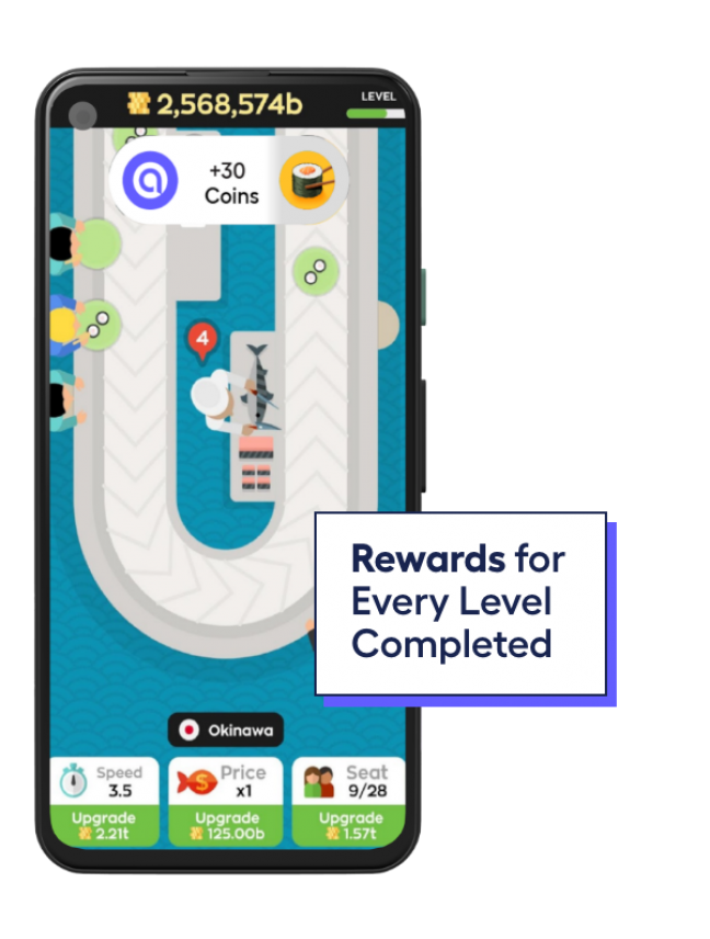 phone mockup showing players get rewarded for every level completed