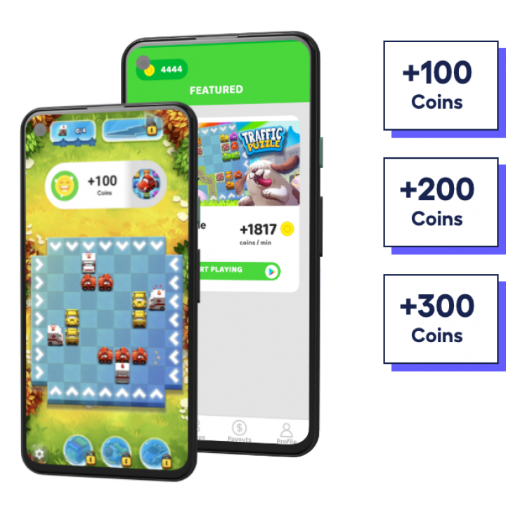 phone screens showing publisher app Huuuge Games and Playtime offerwall