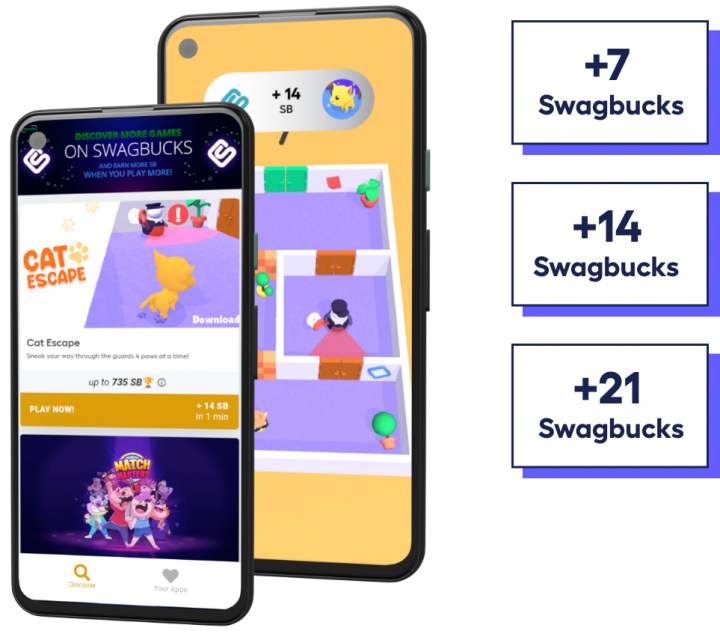 2 phone screens showing Playtime offerwall and one of advertiser app where user can earn swagbucks playtime rewards