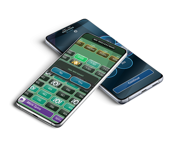 two phone screens on top of each other showing Bitcoin aliens app