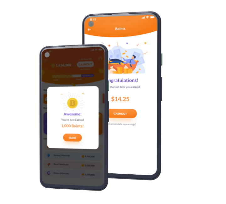 two phones on top of each other showing Boints app where app users earn points