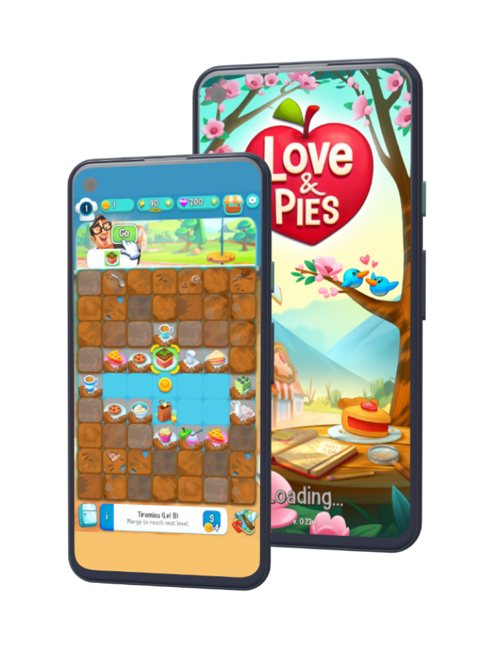 two phone screens showing love & pies app by trailmix