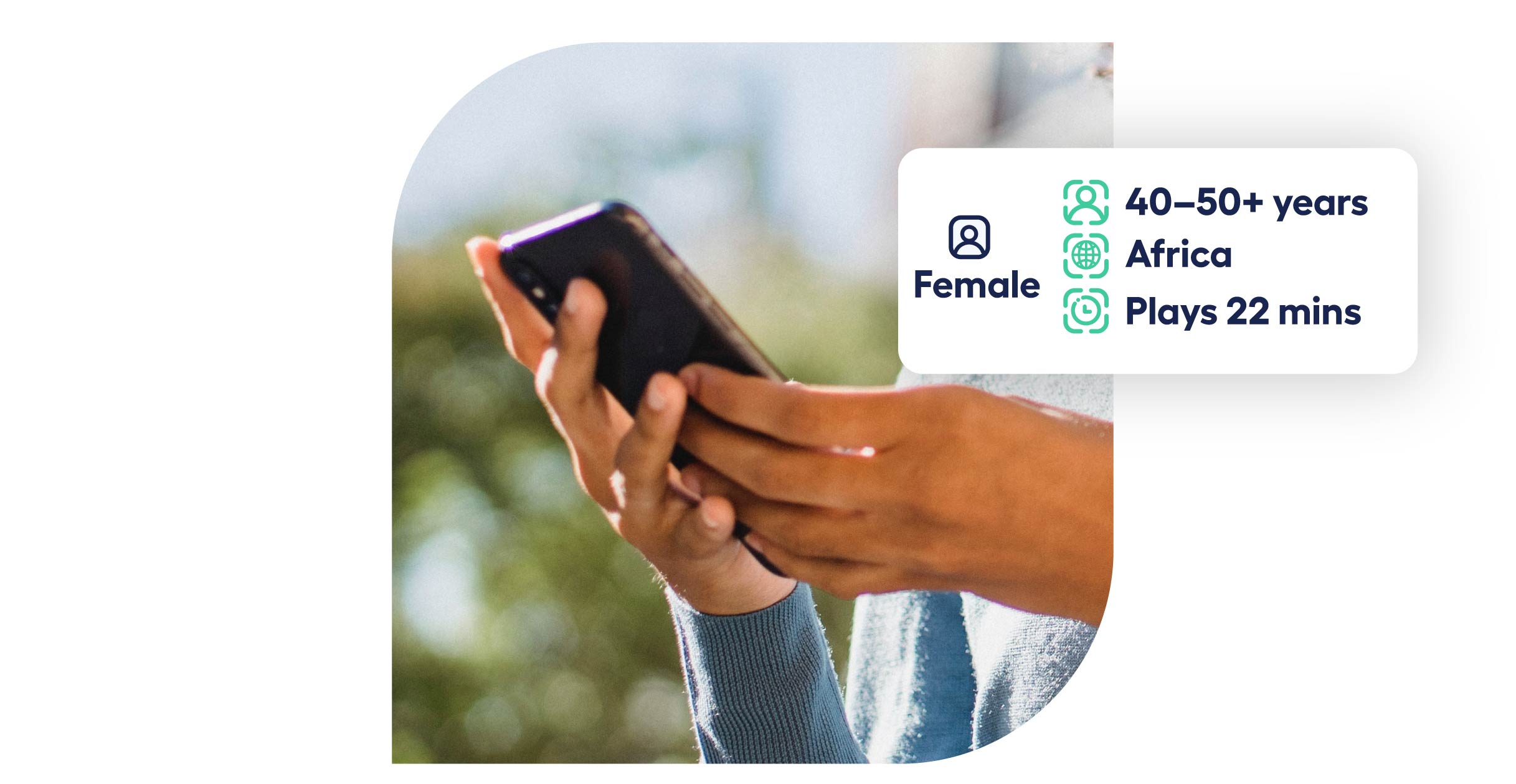 a set of hands holding a phone showing the demographics for casual gamers: age, GEO, gameplay duration