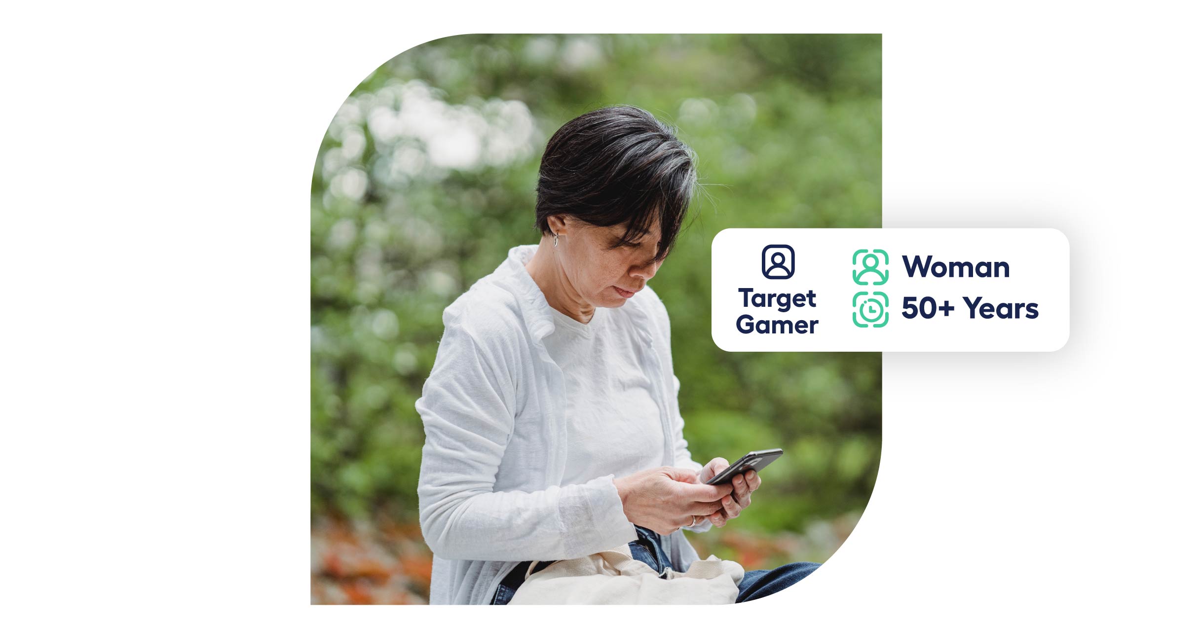 middle-aged lady outdoors looking down at her phone