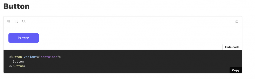 Screenshot of the code example of a button story in Storybook
