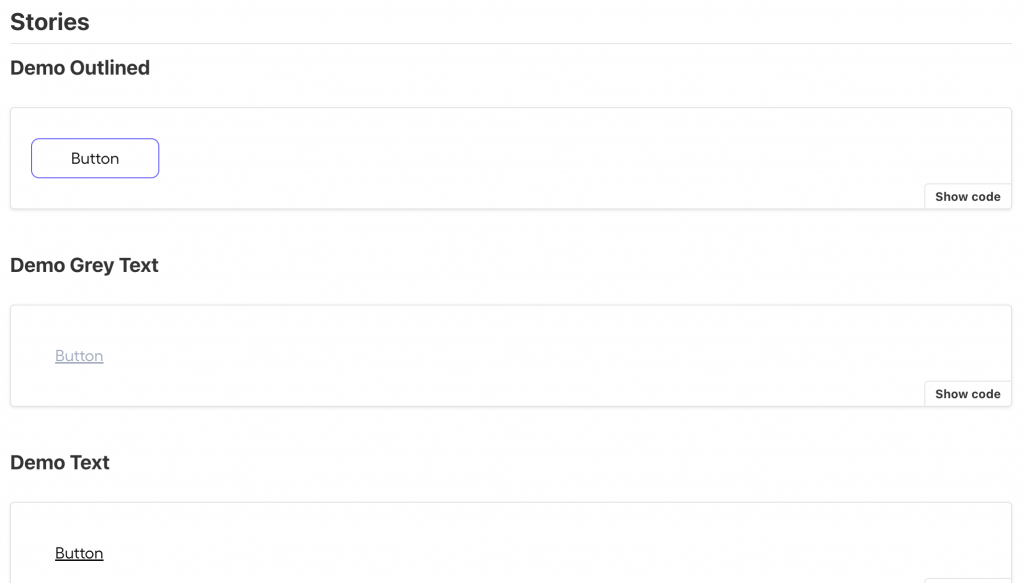 Screenshot of the substories in the Docs page of a button story in Storybook
