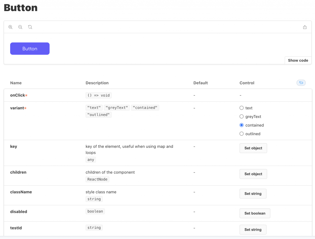 Screenshot of the Docs page of a button story in Storybook