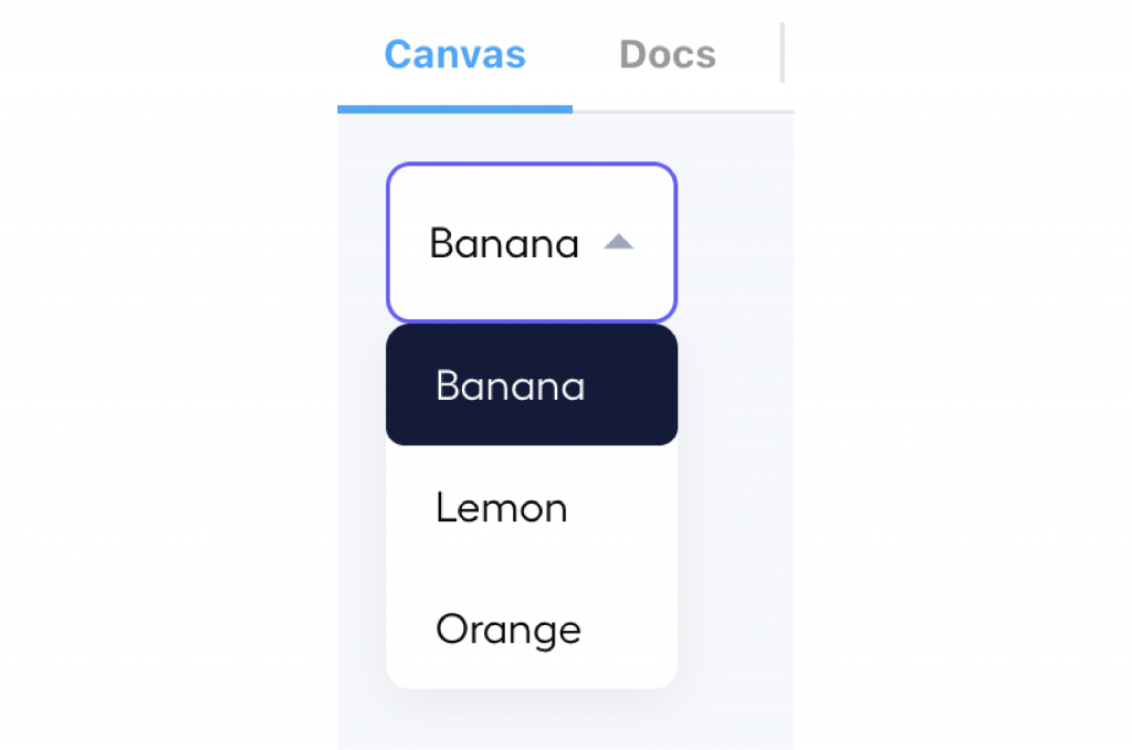 Screenshot of the dropdown component in Storybook