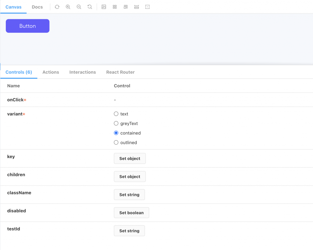 Screenshot of the Canvas page of a Button story in Storybook