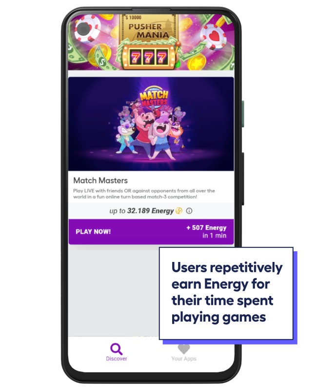 big phone screen showing how users earn points for playing games