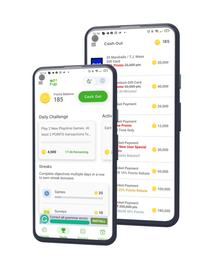 two phone screens showing Play2Pay UI