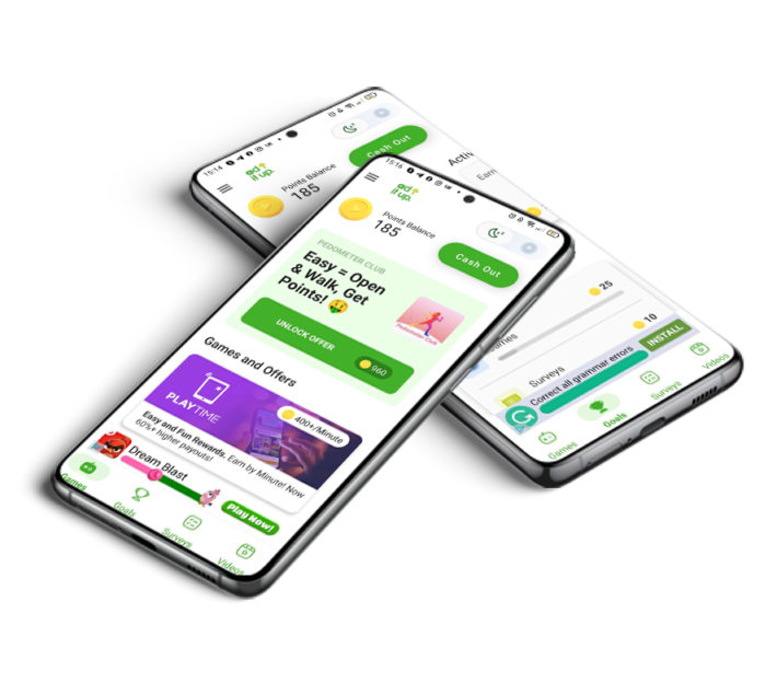 two phones on top of each other showing Play2Pay UX