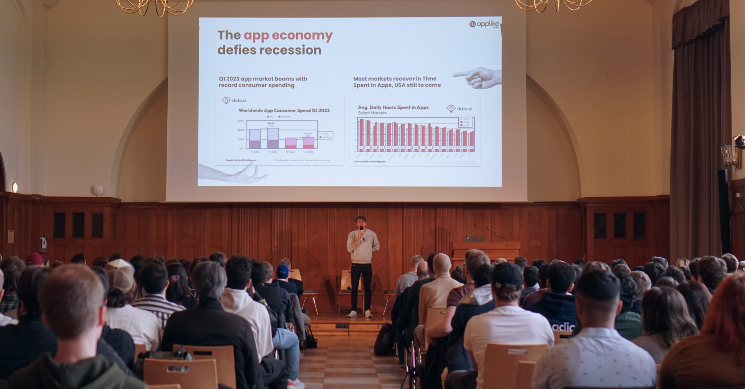 jonas of applike standing and making a speech about applike group in a room full of colleagues