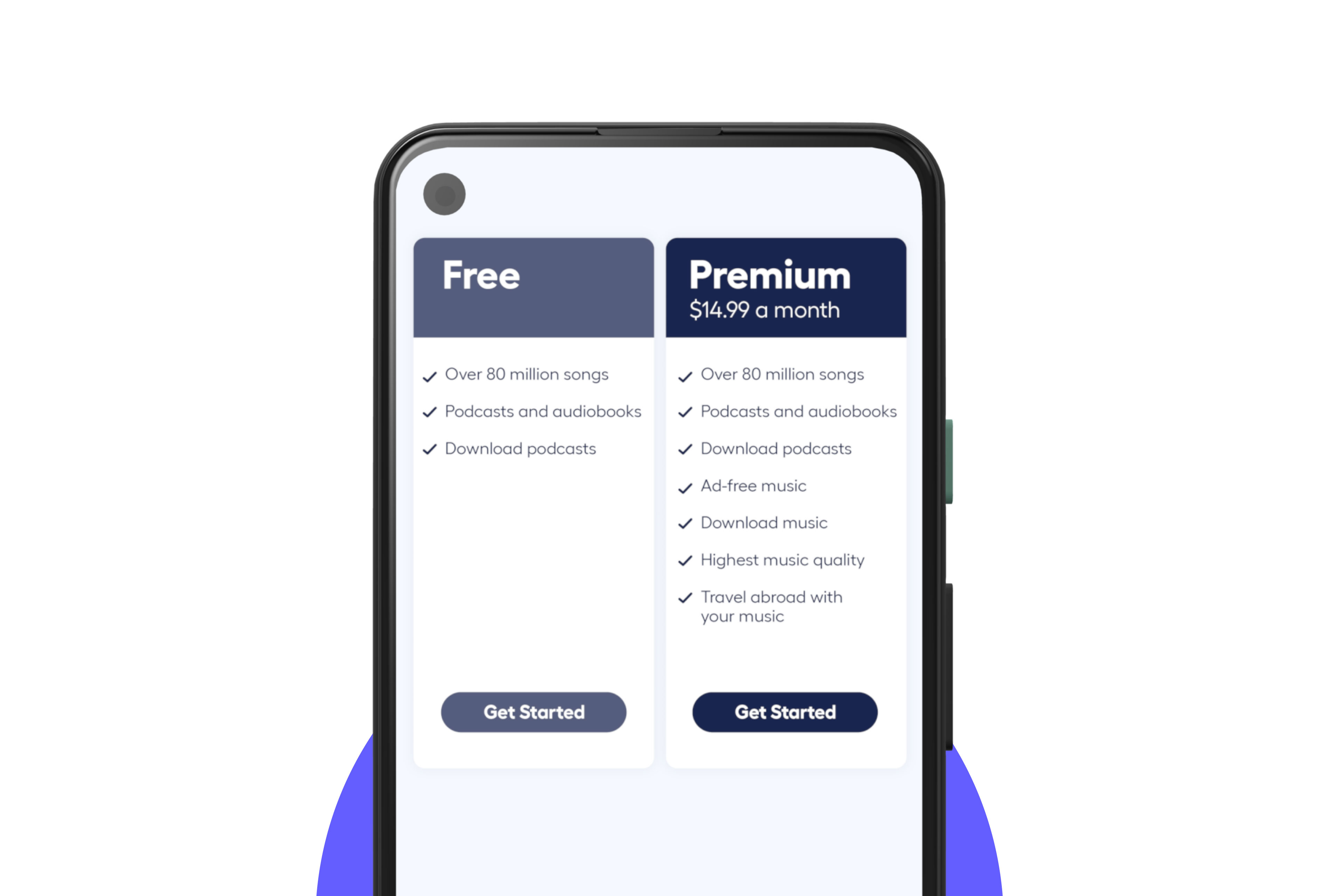 phone screen showing different payment plans for free model and in-app purchase model with subscription