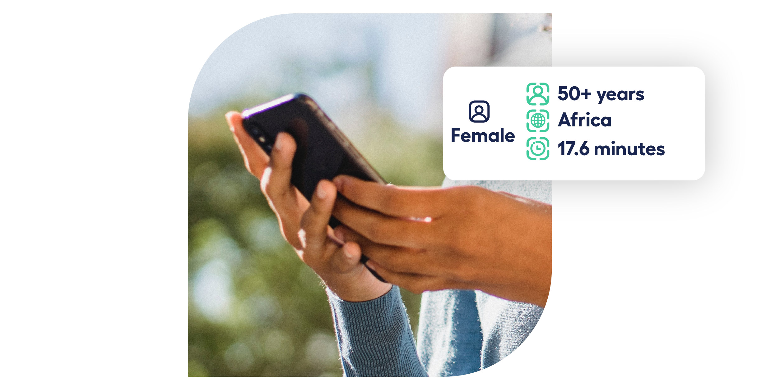 hands holding a phone with icons showing demographic data for puzzle games