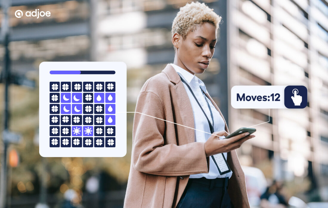 a young woman looking down at her phone with puzzle game icon in the background