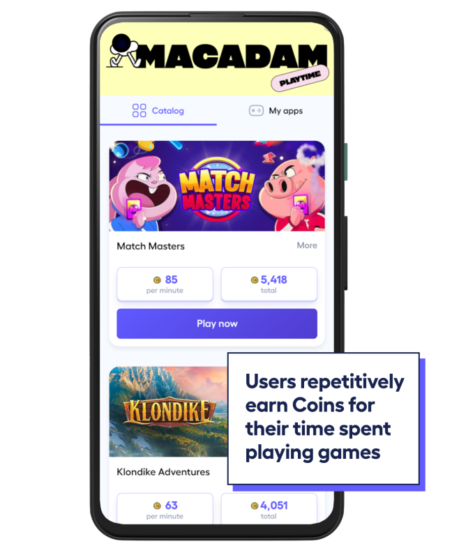 phone screen showing how users earn points with macadam in Playtime
