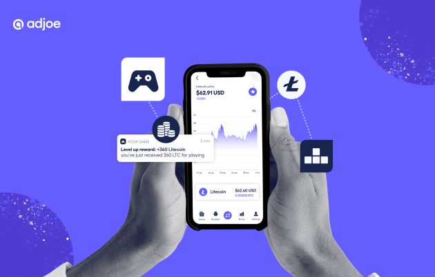 purple background with phone screen showing crypto app wallet with decorative icons around it