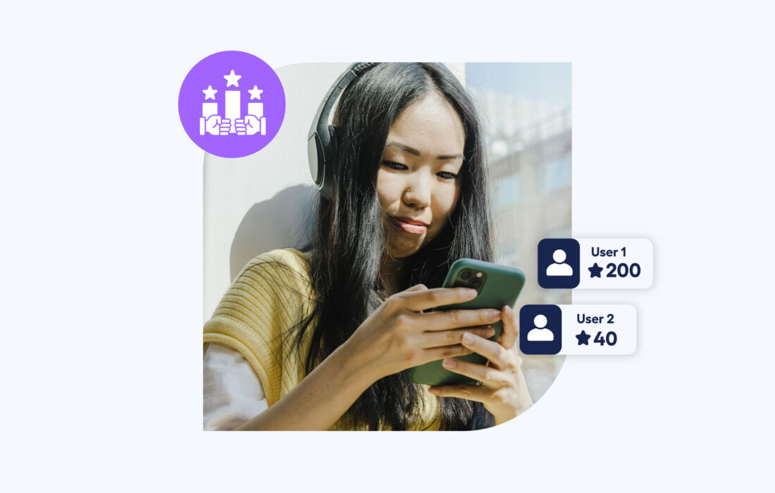 young woman looking down and smiling at her phone with decorative gaming icons around the image