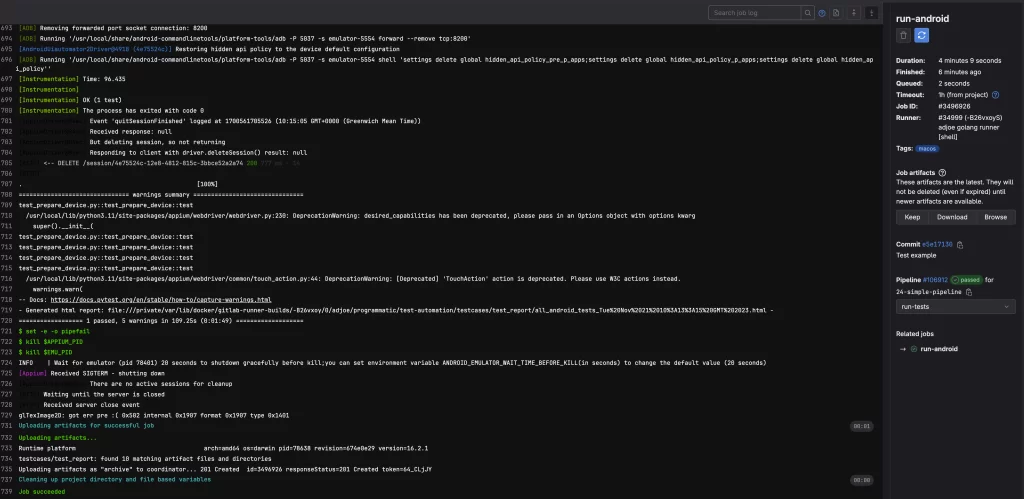 Screenshot of test automation pipeline output