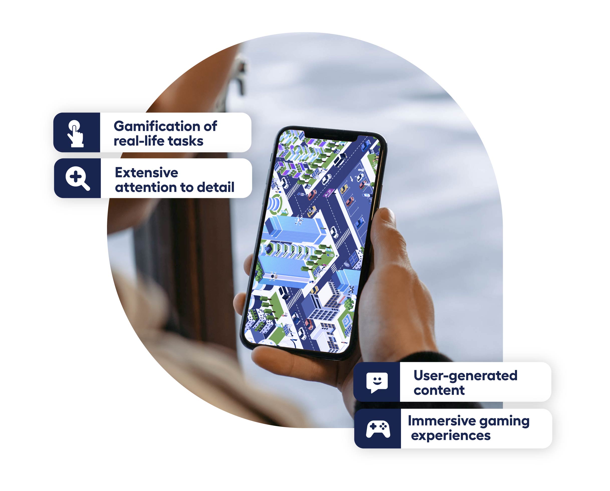 close up of phone screen showing simulation game with decorative box elements of text describing popular mechanisms 