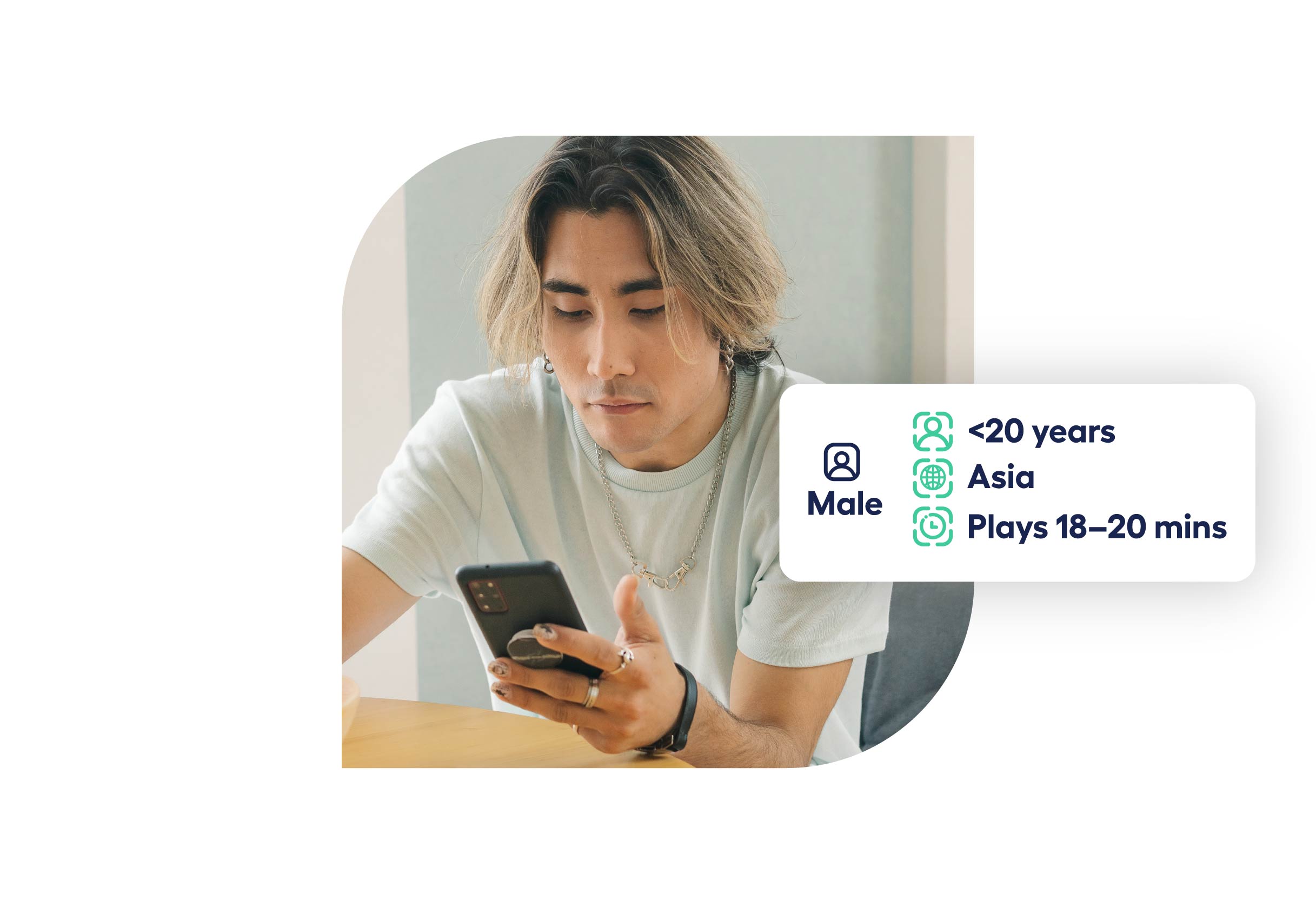 young man indoors holding his phone and looking down at it with decorative elements showing typical demographic for simulation games