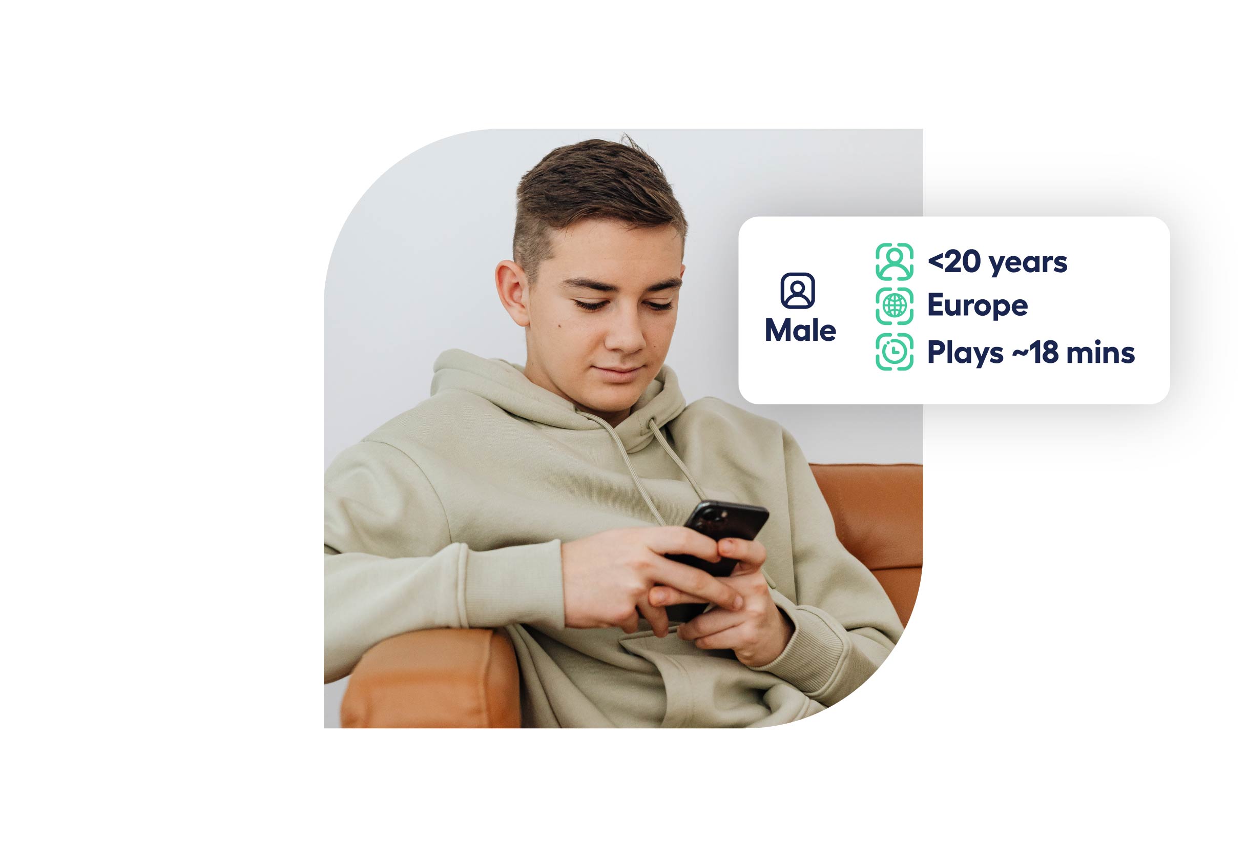 young man with dark hair sitting down and looking down at his phone in his hands with decorative elements showing his gaming profile