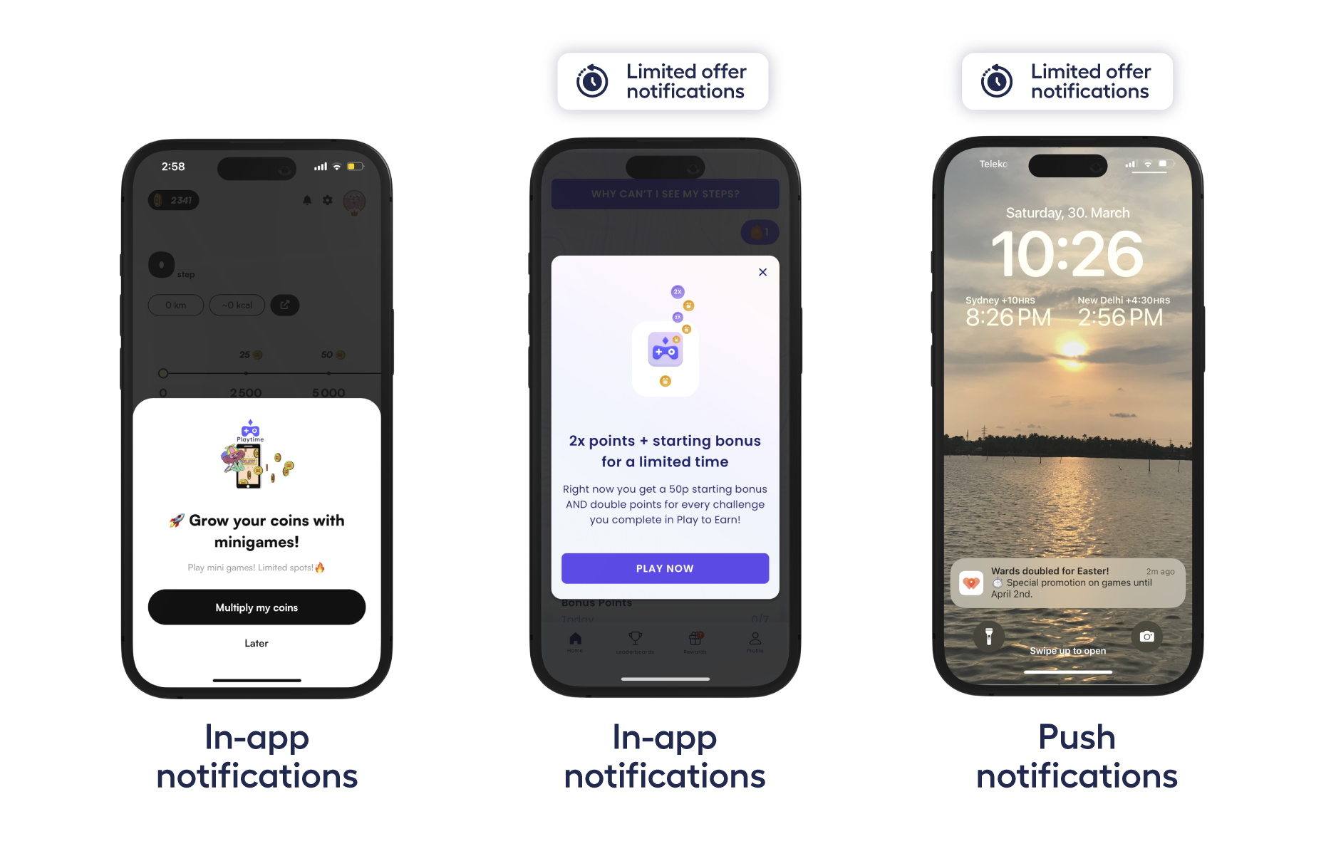 various Playtime notifications showing special offers and time-sensitive deals