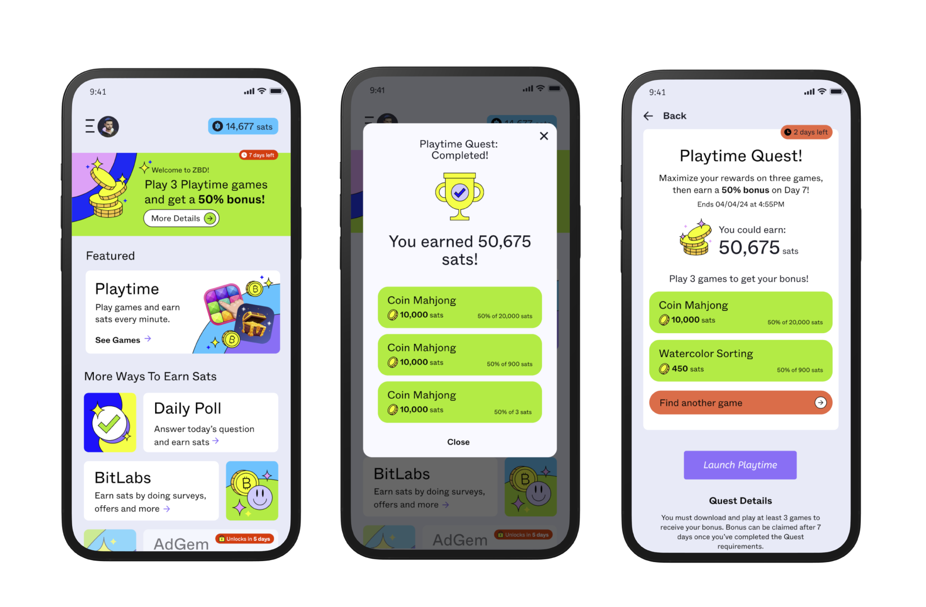three different Playtime placements on ZBD app